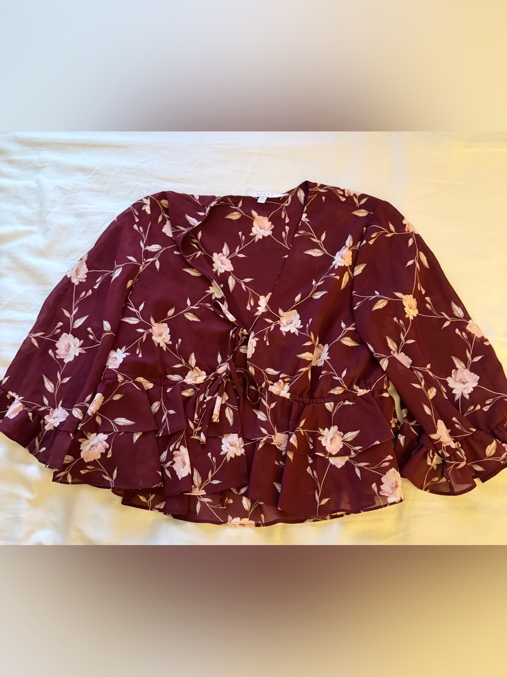 WAYF Free Spirit Floral Ruffle Top XS Burgundy Boho Romantic NWOT - Picture 7 of 10